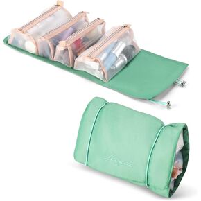 Roll Up Makeup Bag, Hanging Toiletry Bag, 4 in 1 Detachable Cosmetic Bag, 4 Removable Storage Bags, Travel Makeup Organizer Bags for Women Men(Green)