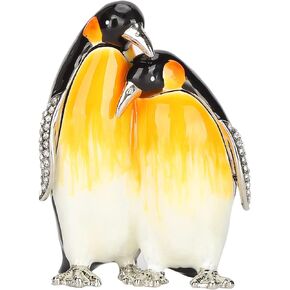 Penguin Couple Trinket Box, Enameled Penguin Design Hinged Small Trinket Box Decorative Jewelry Box with Rhinestones Delicate Gift Display Ornament