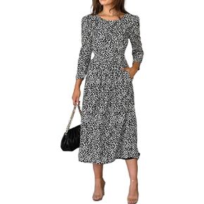 R.Vivimos Women's Fall Long Sleeve Crew Neck Casual Polka Dots Midi Dress with Pockets