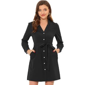 Allegra K Casual Shirtdress for Women's Notched V Neck Stand Collar Button Down Belted Dresses