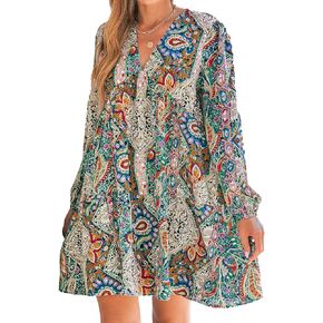 CUPSHE Women's Casual Mini Dress V Neck Retro Paisley Print Onyx Long Sleeve Loose Fit A Line Short Bohe Dresses