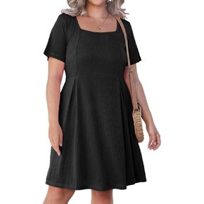D.Q.RZhong Women's Plus Size Short Sleeve Dress Square Neck Casual Flowy Swing Summer Knee Length Dress with Pockets