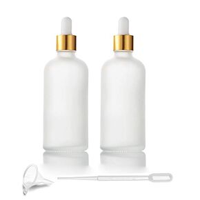 2 Pack 100ml/3.4 Oz,White Frosted Glass Dropper Bottle for Essential Oils,Empty Glass Liquid Holder With Glass Eye Dropper,Golden Caps Travel Perfume Cosmetic Container-Pipette&Funnel included