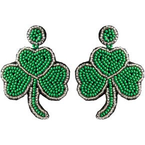 St. Patrick's Day Acrylic Shamrock Leaf Drop Dangle Earrings Green Lucky Clover Handmade Beaded Earrings for Women Girls Fashion Jewelry