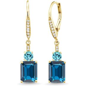 Gem Stone King 18K Yellow Gold Plated Silver London Blue Topaz and Swiss Blue Topaz Dangle Earrings For Women (6.13 Cttw, Gemstone November Birthstone, Emerald Cut 9X7MM)