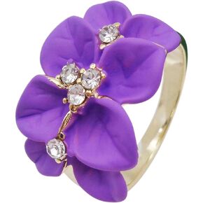 Navachi 18k Gold Plated Clear Crystal Enamel Leaves Flower Ring