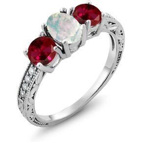 Gem Stone King 925 Sterling Silver Oval Cabochon White Simulated Opal and Red Created Ruby Ring For Women (1.95 Cttw, Available 5,6,7,8,9)