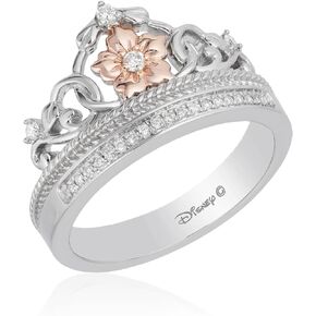 Jewelili Enchanted Disney Fine Jewelry Sterling Silver and 10K Rose Gold 1/10 Cttw Diamond Rapunzel Tiara Ring