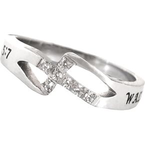 Spirit & Truth Stainless Steel Cross Wave Ring with Sparking CZ Stones Walk By Faith 2 Corinth 5:7"