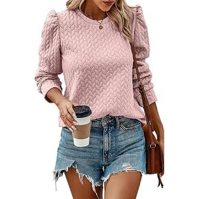 Vrtige Women's Crewneck Puff Long Sleeve Sweatshirts Texture Tunic Tops Blouse