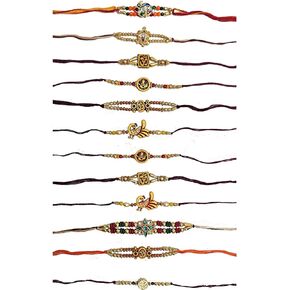 Traditional Rakhi for Brother, Sister, Bhaiya, Bhabhi, Multiple Stone/Beads, Bracelet, Raksha Bandhan Assorted Color - Set of 12