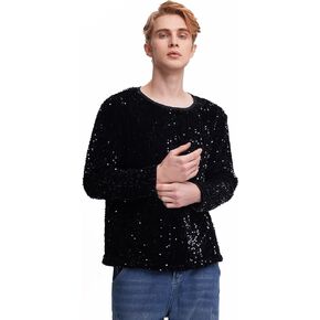 WDIRARA Men's Sequin Long Round Neck Tee Top T Shirt Party Top