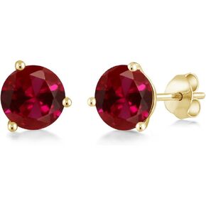 Gem Stone King 14K Yellow Gold Red Created Ruby Martini Women Stud Earrings (2.00 Cttw, Gemstone July Birthstone, Round 6MM)