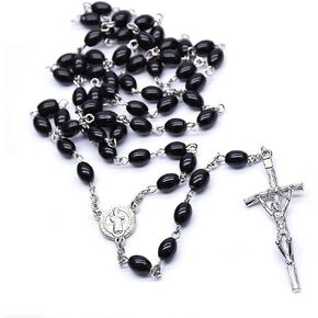 tenghong2021 Black Rosary Beads Necklace Miraculous St.Benedict Metal with Jesus Crucifix, Catholic Christian Gift for Men and Womens