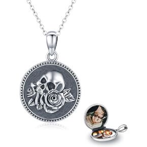 Skull/God Zeus/Raphael Necklace 925 Sterling Silver Goth Punk Skull Locket Necklace That Holds Pictures,Greek Myths Greek Amulet Jewelry Birthday Gift for Men Boys