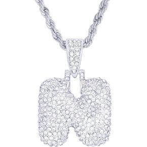 metaltree98 A - Z Initial Bubble Letter Silver Plated Iced CZ Pendant With 20" Rope Chain Necklace