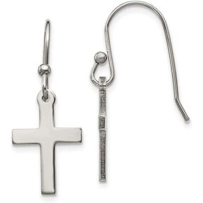 Solid Stainless Steel Cross Dangle Shepherd Hook Earrings - 27mm x 10mm