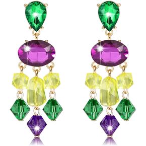 Mardi Gras Earrings for Women,Purple Green Gold Sparkly Multi Crystal Bead Link Dangle Evening Earrings Carnival Parade Party Earrings Mardi Gras Fat Tuesday Earrings Jewelry for Holiday Gift