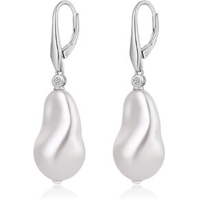 JiaYang Pearl Dangle Earrings Lever Back Earrings for Women 925 Sterling Silver Cubic Zirconia Pearl Drop Earrings, CZ Diamond Pearl Earrings Fine Jewelry for Women 8MM-10MM