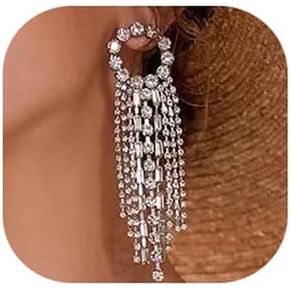 fxmimior Fashion Women Earrings Silver Tassel Full Rhinestones Ring Long Chain Drop Dangle Earrings Jewelry for Women
