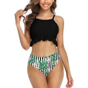 SHEKINI Women High Neck Bikini Ruffle Trim Bathing Suit High Waist 2 Piece Swimsuit