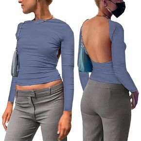Womens Sexy Backless Long Sleeves Cropped Tee Top Open Back Going Out Y2K Crop Tops Slim Fitted Crew Neck T-Shirts