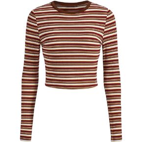 Floerns Women's Striped Print Long Sleeve Slim Fit Round Neck Crop Top Tee