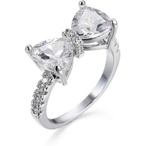 DOCCESTU Bow Ring Women's Cute Tie Ring 14k Plated 925 Sterling Silver Women's Ring Cubic Zirconia Ring Sparkling Love Wedding Ring