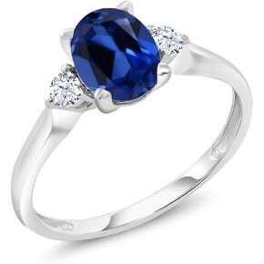 Gem Stone King 10K White Gold Blue and White Created Sapphire Women 3-Stone Ring (1.70 Cttw, Available In Size 5, 6, 7, 8, 9)