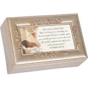 Cottage Garden Your Baptism Silvertone Embossed Floral Jewelry Music Box Plays Amazing Grace