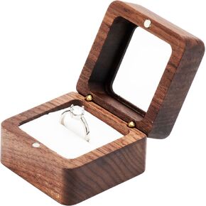Square Portable Wood Ring Gift Box Case for Proposal Engagement Jewelry Display,Small Wooden Ring Holder (Black Inner)