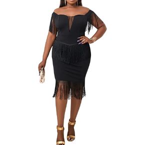 Sexy Women Plus Size Tassel Mesh Party Evening Cocktail Bodycon Gown Club Midi Dress