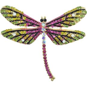 Gyn&Joy Golden Tone Colorful Crystal Rhinestone Dragonfly Flying Insect Brooch Pin For Women BZ198