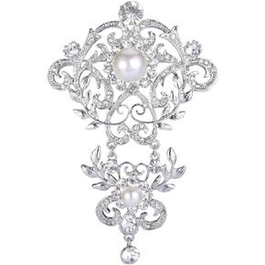 EVER FAITH Silver-Tone Crystal Cream Simulated Pearl 4 Inch Elegant Floral Leaf Vine Wave Brooch Clear