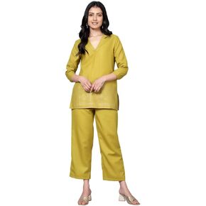 2 Piece Summer Outfits, Co-ord Set with Pant & Tunic Top, V Neck, 3/4 Sleeves Indian Co-ord Set