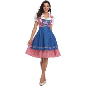 Women Oktoberfest Dirndl Costume Plaid German Beer Festival Cosplay Bavarian Dress Halloween Fancy Dress (S, Blue) in Kuwait