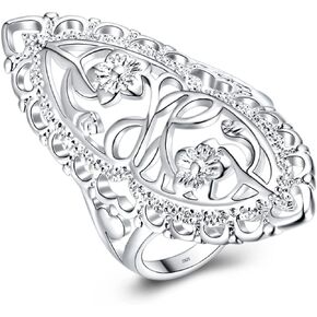 Hollow Flower Full Finger Wide Ring,S925 Sterling Silver Cocktail Party Flower Floral Index Finger Chunky Ring for Women Girls