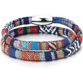 COOLSTEELANDBEYOND Double-Lap Tribal Tibetan Mens Womens Cotton Bracelet Wristband Wrap Bracelet, Steel Magnetic Clasp