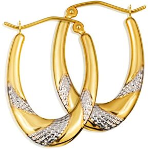 Solid 14K Two-Tone White and Yellow Gold Lightweight Reversible Beaded Hoop Earrings for Women Girls, 1.6mm Thick (25mm x 16.5mm)
