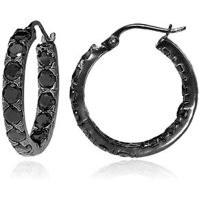 Sterling Silver Black Cubic Zirconia Inside Out 3x25 mm Round Hoop Earrings