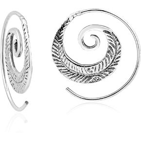 AeraVida Modern Pretty Feather Nature Branch Sterling Silver Spiral Slide Hoop Earrings