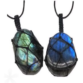 Labradorite Dragon Heart Necklace, Natural Polished Palm Green Blue Dragons Heart Necklace for Women Men(2Pcs)