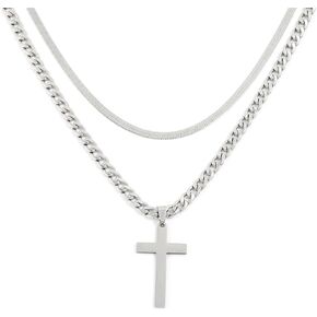 JUNVirtuous Cross Necklace for Men,Layered Cross Chains for Men Silver/Gold Stainless Steel Cuban Link and Snake Chain Necklace Set Jewelry Gifts for Men Boys