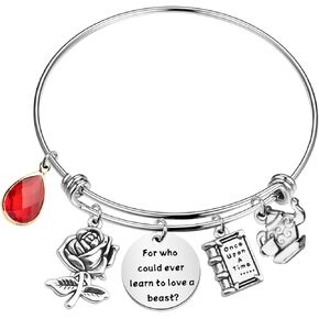 CHOORO Beauty Beast Quote Jewelry for Who Could Ever Learn to Love a Beast Bracelet Rose Charm Bracelet Gift for Her