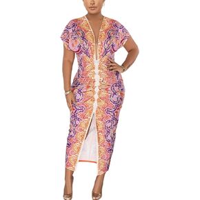 Doweha Maxi Summer Dresses for Women 2023 Casual Boho Beach Hawaiian Floral Print V Neck Short Sleeve Sun Long Dress