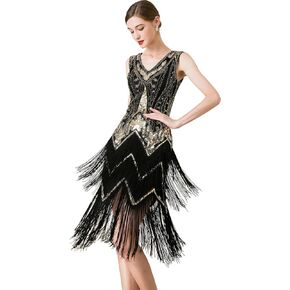 RZTA Women Flapper Dresses 1920s V Neck Beaded Fringed Great Gatsby Club & Night Out Dresses