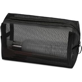 Portable Mesh Makeup Bag with Zipper Small Travel Toiletry Bag Lightweight Cosmetic Pouch (Beige&Black Heart Half Round)