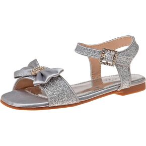 صنادل Badgley Mischka للفتيات الصغيرات - أحذية رسمية للأطفال سهلة الارتداء ومفتوحة عند الأصابع وصندل مسطح مرصع بحجر الراين وأربطة عند الكاحل وإبزيم لامع (طفل صغير/طفل كبير) (أبيض/فضي/وردي)