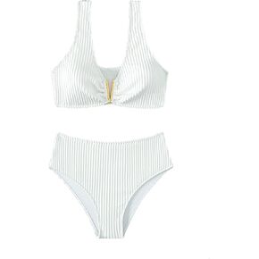 WDIRARA Women's High Waisted Ruched Ribbed Bikini Swimsuit Two Piece Bathing Suit