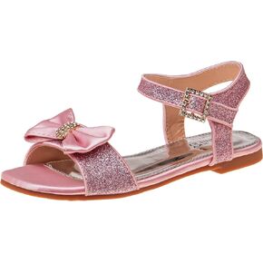 Badgley Mischka Toddler Girls Sandals - Kids Dress Shoes Slip-On Open Toe Flat Sandal Rhinestone Strappy Bow Ankle Buckle Glitter (Little Kid/Big Kid) (White/Silver/Pink)